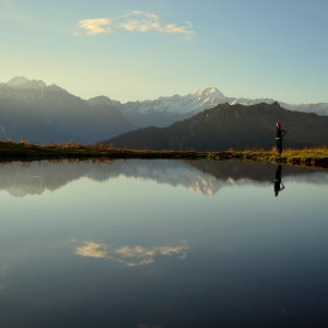 Reflections of Shikharbeh and Makarbeh mountains on the lake by the Lamadugh campsite.