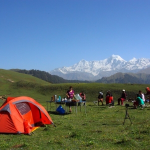 Campsite at the meadows of Dayara, Mt Bandarpunch in background.