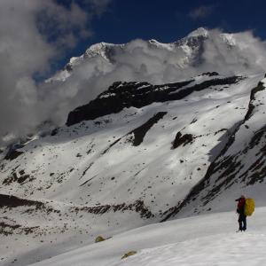 On top of Parvati Col with the Chaukhamba massif towering over.