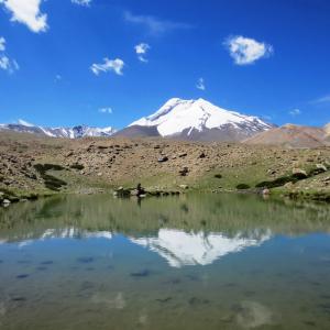 Beautiful lake above Thachungtse with reflections of Kang Yatse massif. 