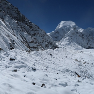 After a fresh round of snowfall, the approach glacier to Camp 1 has a different look.