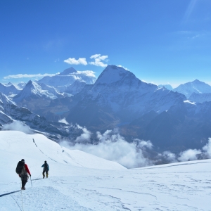 Stunning view of the Everest massif with Everest and Lhotse seen in the background