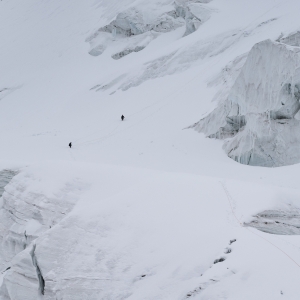 Navigating a maze of crevasses at bergschrund of the Kang Yatze mountain